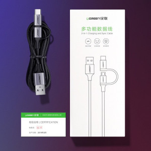 Кабел за зареждане и данни с оплетка UGREEN 2in1 USB Type A към USB Type C / micro USB 2.4A 1m (30875) черен - Img 14