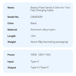 Кабел за зареждане и данни BASEUS Flash II 2in1 USB Type C към 2xUSB Type C с бързо зареждане 100W 1.5m черен - Img 16