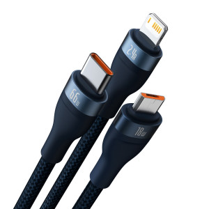 Кабел за зареждане и данни BASEUS Flash II 3in1 USB Type A към USB Type C / Micro USB / Lightning с бързо зареждане 66W 480Mb/s 1.2m син - Img 2