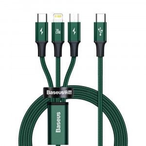 Кабел за зареждане и данни BASEUS Rapid 3in1 USB Type C към USB Type C / Lightning / micro USB 20W 1.5m зелен (CAMLT-SC06) - Img 1