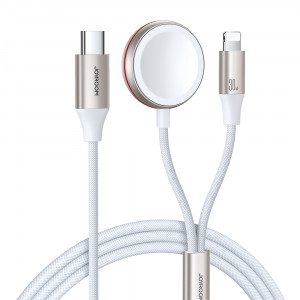 Кабел за зареждане и данни JOYROOM 2in1 USB Type C към Lightning / безжично зарядно за Apple Watch 1.5m бял (S-IW011) - Img 1
