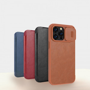 Калъф тип книга от еко кожа с подвижно покритие за камерата NILLKIN Qin Leather Pro - iPhone 14 Pro кафяв - Img 8