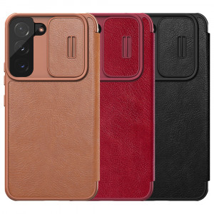 Калъф тип книга от еко кожа с подвижно покритие за камерата NILLKIN Qin Leather Pro - Samsung Galaxy S22+ кафяв - Img 13