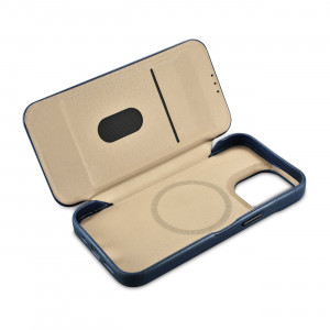 Калъф тип книга от естествена кожа iCARER CE Oil Wax Premium MagSafe - iPhone 14 Pro син - Img 16
