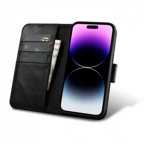 Калъф тип книга от естествена кожа iCARER Oil Wax Wallet 2в1 против кражба - iPhone 14 Pro черен - Img 2