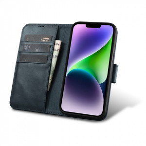 Калъф тип книга от естествена кожа iCARER Oil Wax Wallet 2в1 против кражба - iPhone 14 Plus син - Img 4