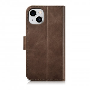 Калъф тип книга от естествена кожа iCARER Oil Wax Wallet 2в1 против кражба - iPhone 14 кафяв - Img 14
