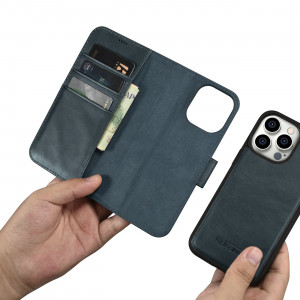 Калъф тип книга от естествена кожа iCARER Oil Wax Wallet 2в1 против кражба - iPhone 14 Pro син - Img 14