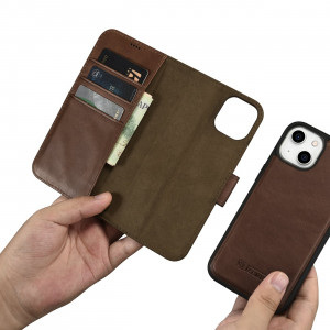 Калъф тип книга от естествена кожа iCARER Oil Wax Wallet 2в1 против кражба - iPhone 14 Plus кафяв - Img 12