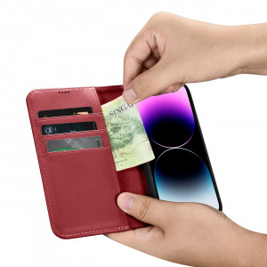 Калъф тип книга iCARER Wallet 2в1 против кражба - iPhone 14 Pro Cover червен - Img 16