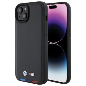 Оригинален гръб от естествена кожа BMW Leather Stamp Tricolor BMHCP15M22PTDK - iPhone 15 Plus черен - Img 1