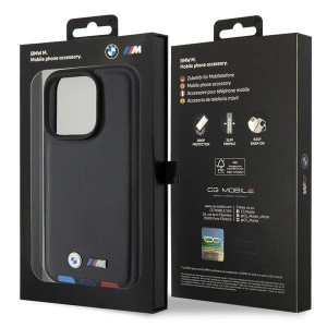 Оригинален гръб от естествена кожа BMW Leather Stamp Tricolor BMHCP15L22PTDK - iPhone 15 Pro черен - Img 8