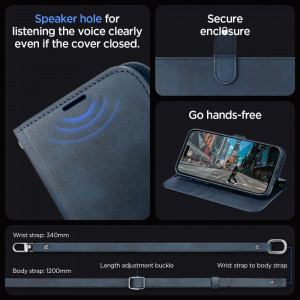 Оригинален калъф тип книга с каишка SPIGEN Wallet S - iPhone 15 Pro тъмносин - Img 14