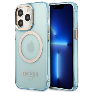 Оригинален полупрозрачен твърд гръб GUESS Gold Outline MagSafe GUHMP13XHTCMB - iPhone 13 Pro Max син - Img 1