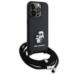 Оригинален твърд гръб с презрамка KARL LAGERFELD Saffiano Metal Pin Karl & Choupette - iPhone 15 Pro черен - Img 3