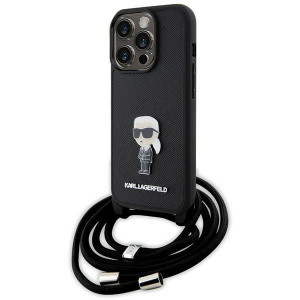 Оригинален твърд гръб с презрамка KARL LAGERFELD Saffiano Monogram Metal Pin Karl & Choupette - iPhone 15 Pro черен - Img 1