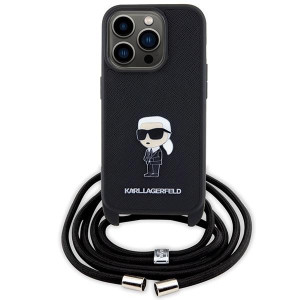 Оригинален твърд гръб с презрамка KARL LAGERFELD Saffiano Monogram Metal Pin Karl & Choupette - iPhone 15 Pro черен - Img 2