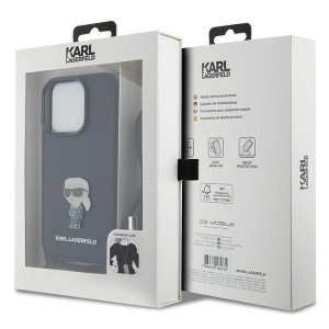 Оригинален твърд гръб с презрамка KARL LAGERFELD Saffiano Monogram Metal Pin Karl & Choupette - iPhone 15 Pro черен - Img 7