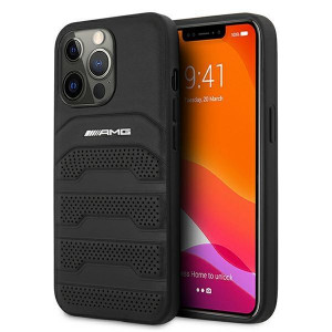Оригинален твърд гръб AMG Leather Debossed Lines AMHCP13LGSEBK - iPhone 13 Pro черен - Img 1