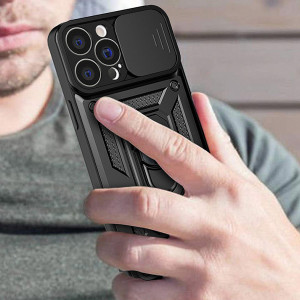 Подсилен гръб Hybrid Armor Camshield с подвижно покритие за камерата и стойка - Vivo V25 / X80 Lite черен - Img 4