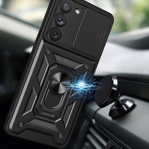 Подсилен гръб Hybrid Armor Camshield с подвижно покритие за камерата и стойка - Samsung Galaxy S23 син - Img 3