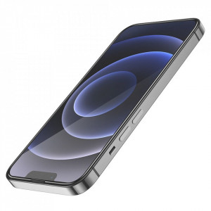 5D алуминиево-стъклен протектор с пълно покритие HOCO HD - iPhone 13 mini A12Plus с черна рамка - Img 3