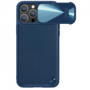 Гръб от естествена кожа с подвижно покритие за камерата NILLKIN CamShield Leather S - iPhone 14 Pro син - Img 1