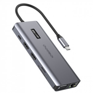 Докинг станция с дисплей CHOETECH 12в1 USB Type C към USB Type C / USB Type A / HDMI / VGA / мини жак 3.5mm / четец за SD и Micro SD карти (HUB-M26) сива - Img 1