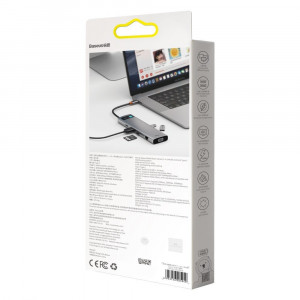 Докинг станция BASEUS Metal Gleam 11в1 USB Type C към 3x USB Type A 3.2 Gen.1 5Gbps / USB Type C Power Delivery 100W / мини жак 3.5mm / VGA Full HD 60Hz / 2x HDMI 4K 30Hz / четец за SD и Micro SD карти / RJ45 1Gbps (CAHUB-CT0G) сива - Img 6