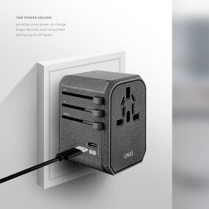 Зарядно за стена (2в1 UK и EU стандарт) UNIQ 33W 2x USB Type A / USB Type C PD18W QC3.0 (LITHOS Collective) сиво - Img 5