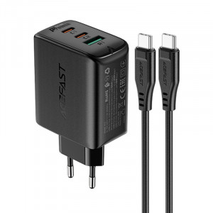 Зарядно за стена ACEFAST 2в1 65W USB Type A / 2x USB Type C PD QC3.0 AFC FCP + кабел USB Type C към USB Type C (A13) черно - Img 1
