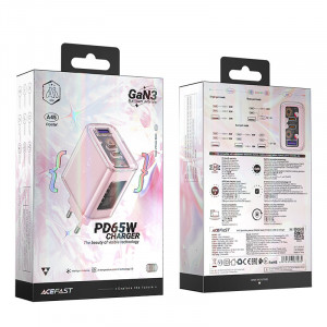 Зарядно за стена ACEFAST GaN 65W USB Type A / 2x USB Type C (A45) розово - Img 5