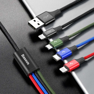 Кабел за зареждане и данни с оплетка BASEUS кабел USB 4in1 USB Type A към 2x Lightning / USB Type C / micro USB 3.5A 1.2m черен (CA1T4-A01) - Img 8