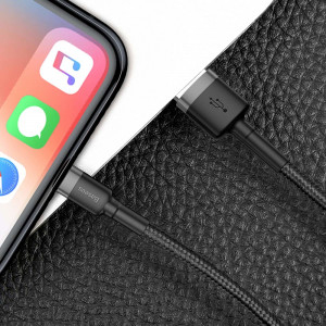 Кабел за зареждане и данни с оплетка BASEUS Cafule USB Type A към Lightning с бързо зареждане 3.0 2.4A 1m черен / сив (CALKLF-BG1) - Img 7