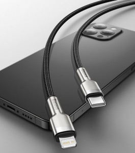 Кабел за зареждане и данни с оплетка BASEUS Cafule USB Type C към Lightning Power Delivery 20W 1m (CATLJK-A01) черен - Img 12