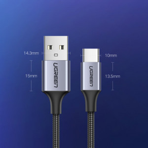 Кабел за зареждане и данни с оплетка UGREEN USB Type A към USB Type C с бързо зареждане 3.0 3A 2m сив (60128) - Img 11