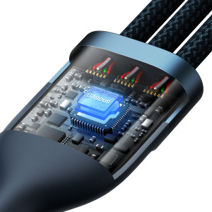 Кабел за зареждане и данни BASEUS Flash II 3in1 USB Type A към USB Type C / Micro USB / Lightning с бързо зареждане 66W 480Mb/s 1.2m син - Img 3