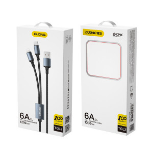 Кабел за зареждане и данни DUDAO 2в1 USB Type A към USB Type C / Lightning 6A (TGL2) черен - Img 2