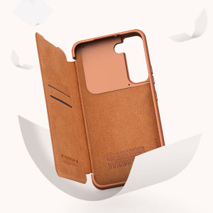 Калъф тип книга от еко кожа с подвижно покритие за камерата NILLKIN Qin Leather Pro - Samsung Galaxy S22 кафяв - Img 9