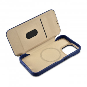 Калъф тип книга от естествена кожа iCARER CE Oil Wax Premium MagSafe - iPhone 14 Pro син - Img 16