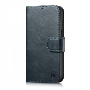 Калъф тип книга от естествена кожа iCARER Oil Wax Wallet 2в1 против кражба - iPhone 14 Pro син - Img 1