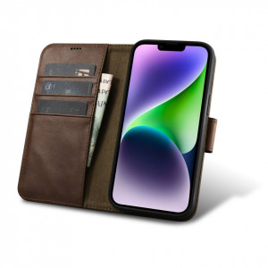 Калъф тип книга от естествена кожа iCARER Oil Wax Wallet 2в1 против кражба - iPhone 14 кафяв - Img 2