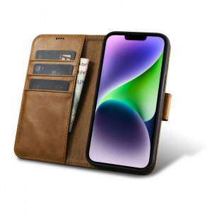 Калъф тип книга от естествена кожа iCARER Oil Wax Wallet 2в1 против кражба - iPhone 14 Plus кафяв - Img 2