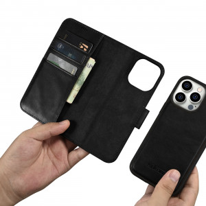 Калъф тип книга от естествена кожа iCARER Oil Wax Wallet 2в1 против кражба - iPhone 14 Pro черен - Img 13