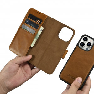 Калъф тип книга от естествена кожа iCARER Oil Wax Wallet 2в1 против кражба - iPhone 14 Pro кафяв - Img 11