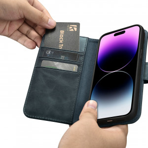 Калъф тип книга от естествена кожа iCARER Oil Wax Wallet 2в1 против кражба - iPhone 14 Pro Max син - Img 13