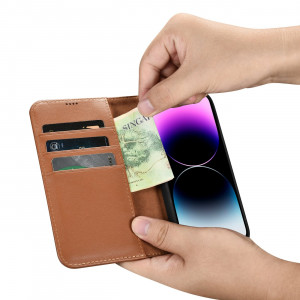 Калъф тип книга iCARER Wallet 2в1 против кражба - iPhone 14 Pro Cover кафяв - Img 13