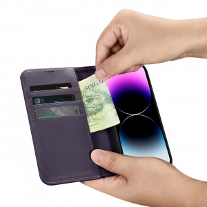 Калъф тип книга iCARER Wallet 2в1 против кражба - iPhone 14 Pro Cover тъмнолилав - Img 11