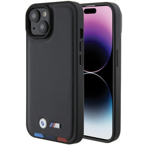Оригинален гръб от естествена кожа BMW Leather Stamp Tricolor BMHCP15S22PTDK - iPhone 15 черен - Img 1