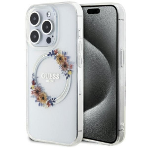 Оригинален гръб GUESS IML Flowers Wreatch MagSafe - iPhone 15 Pro прозрачен - Img 1
